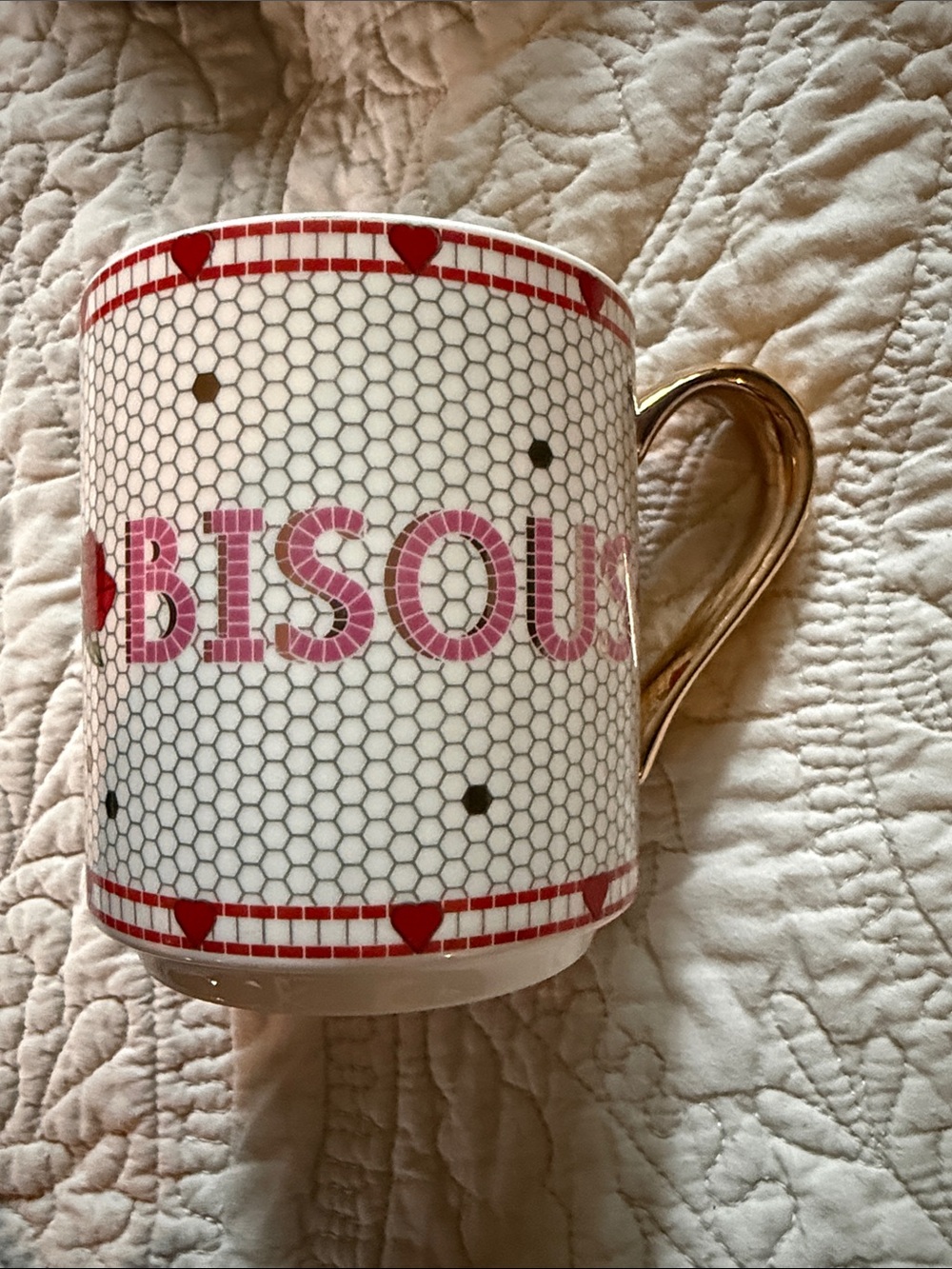 Pink "BISOU" Ceramic Coffee Mug with Gold Handle